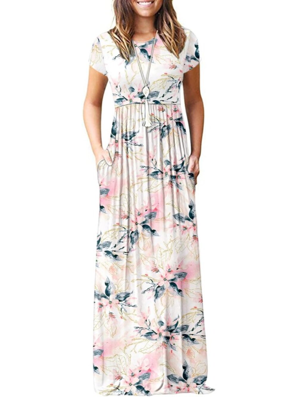 Women's White Pink Short Sleeve Loose Plain Maxi Pockets Casual Long Dresses